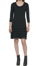 Calvin Klein Black Sweater Dress Drop Waist Tiered Loop Fringe Hem Size  Small