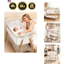 Elegant 2-in-1 Baby Bassinet with Retractable Side  Breathable Mesh - Beige
