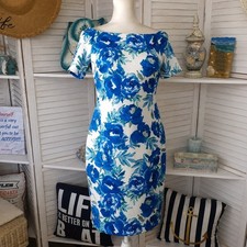 Calvin Klein White Fitted Boat Neck Dress With Blue Flowers Size 4
