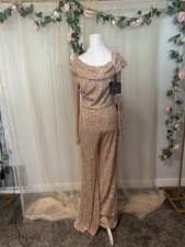 Mac Duggal sequined drop-shoulder long-sleeve jumpsuit in rose gold Style 26596