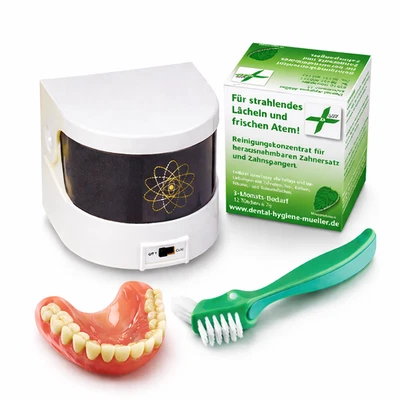 Dental Hygiene Prothesen Reinigungsgerät mit Reinigungskonzentrat u. Bürste  Set - Bild 1 von 4
