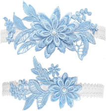 Wedding Garters Set Lace Bridal Garter Stretchy Floral Garter for Bride Blue Whi