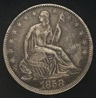 1858 Seated Liberty Half Dollar – XF Details / Graffiti Cleaned