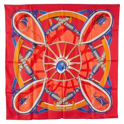 HERMES Carre 90 En Roue Libre Wheel to Freedom Scarf Red Multicolor Silk Ladies