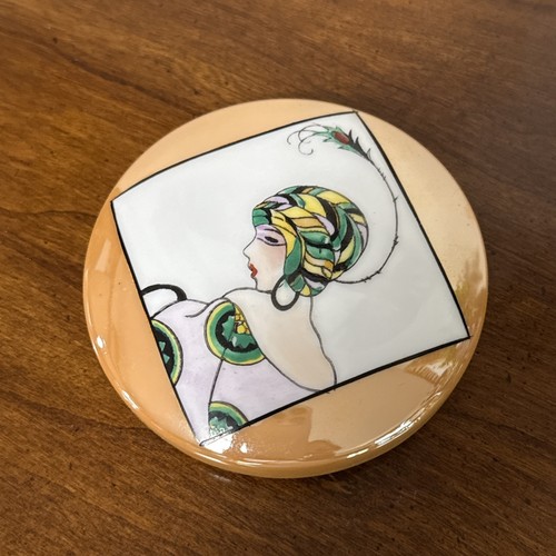1925 Noritake Art Deco Powder Box Flapper Woman Lady Feathers Hat Ceramic Jar 