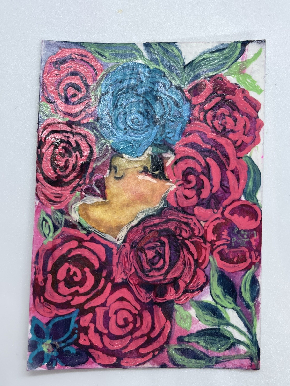 ACEO Original Mixed Media – Floral Crown Portraits #109– ATC by Tehillah