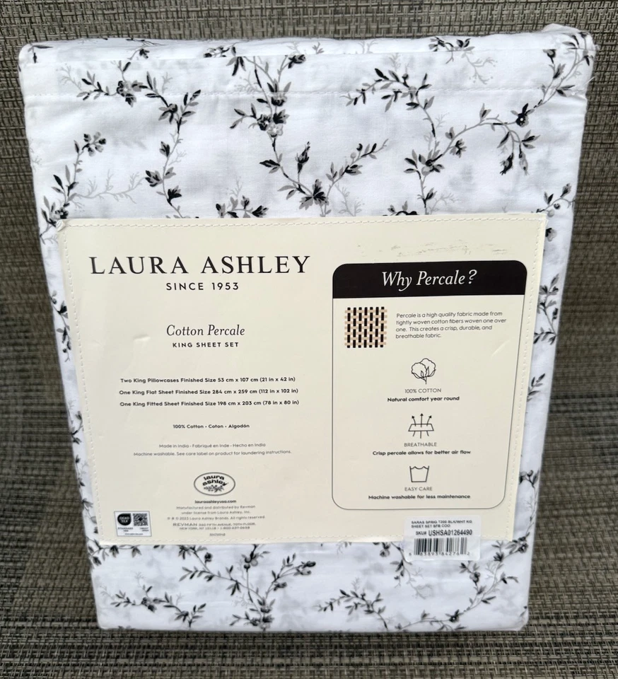 Juego de sábanas Laura Ashley Saras Spring negro blanco floral algodón percal KING 4 piezas Foto 3 de 4