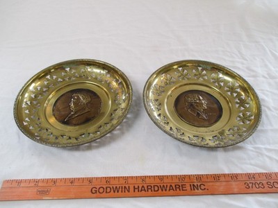 Set of 2 Vintage Brass Pressed Tin Wall Plates Made In England. Schubert & Hayon
