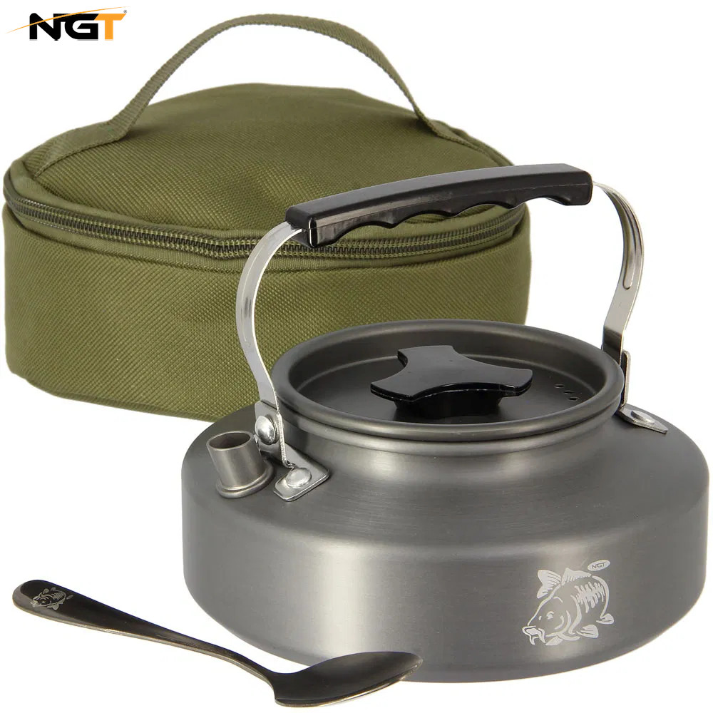 NGT 0.8L Compact Kettle Carp Fishing Camping Anodised Aluminium + Case & Spoon