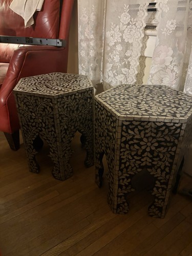Pair Mother of Pearl Inlaid Hexagon Accent Tables Moroccan Style Stands