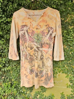 Vintage Y2K Tattoo Art AOP Atmosphere Women's Ed Hardy Style T-shirt FITS Sz M