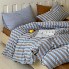 Retro Striped Duvet Cover Set Queen, 100 Washed Cotton Vintage Blue Brown Strip