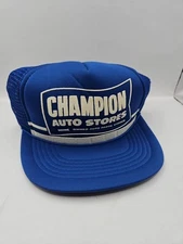 Vintage Champion Auto Stores Hat Snapback Trucker Cap Mens Blue White 80s READ