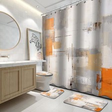 4Pcs Bathroom Sets with Shower Curtain and Rugs Grey Orange Abstract Bathroom...