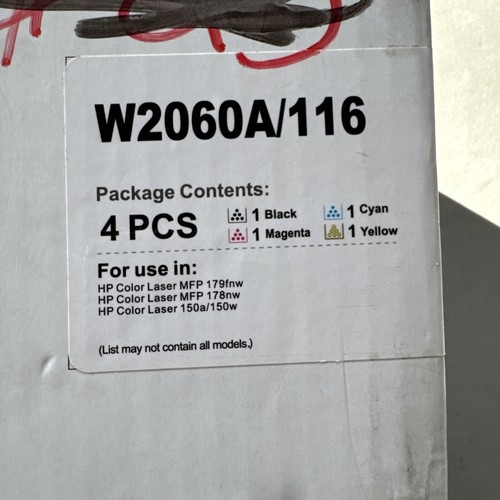4PacK W2060A 116Toner Cartridge Color Laser MFP 178nw MFP 179fnw 150a 150w