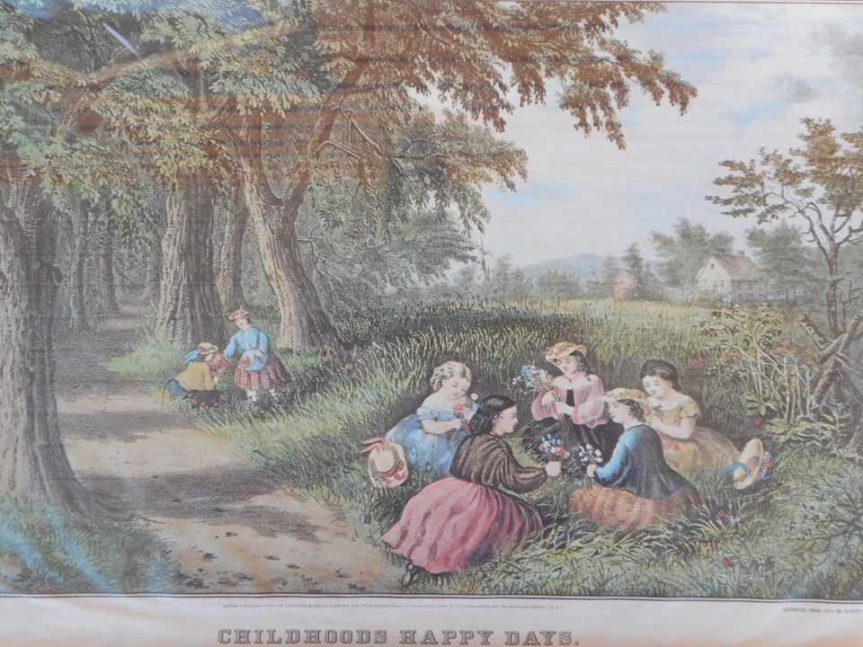 Antique Currier & Ives Childhood Happy Days print frame girls picking flowers - Image 2 of 4