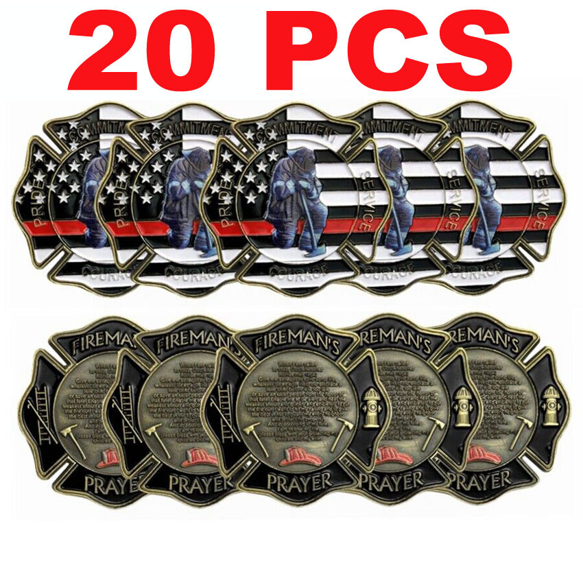 20PCS Challenge Coin Thin Red Line US Flag Firefighter Prayer Irregular Coin