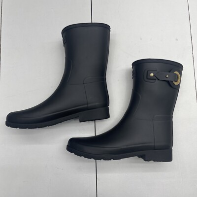 レインブーツ HUNTER WOMEN Refined Eyelet Buckle Short Rain Boots Black WF Hunter Black Refined Short Eyelet Buckle Mid Calf Rubber