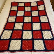 Handmade Crocheted Granny Square Afghan Throw Lap Blanket Red Cream Blue 55x41”