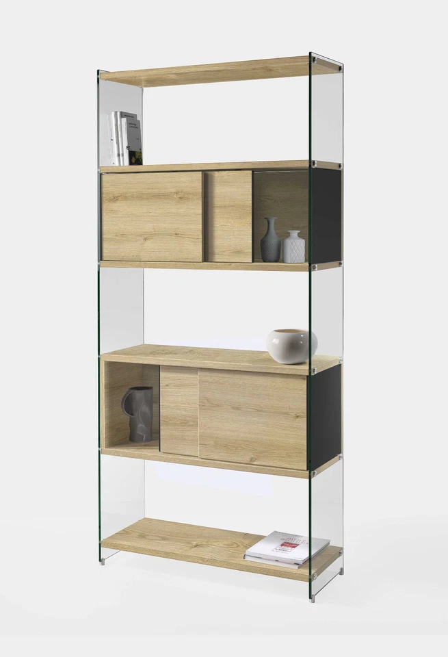 LIBRERIA COMPONIBILE BIFACCIALE IN VETRO TEMPERATO PIANI LEGNO VARI COLORI 90 - Immagine 2 di 4