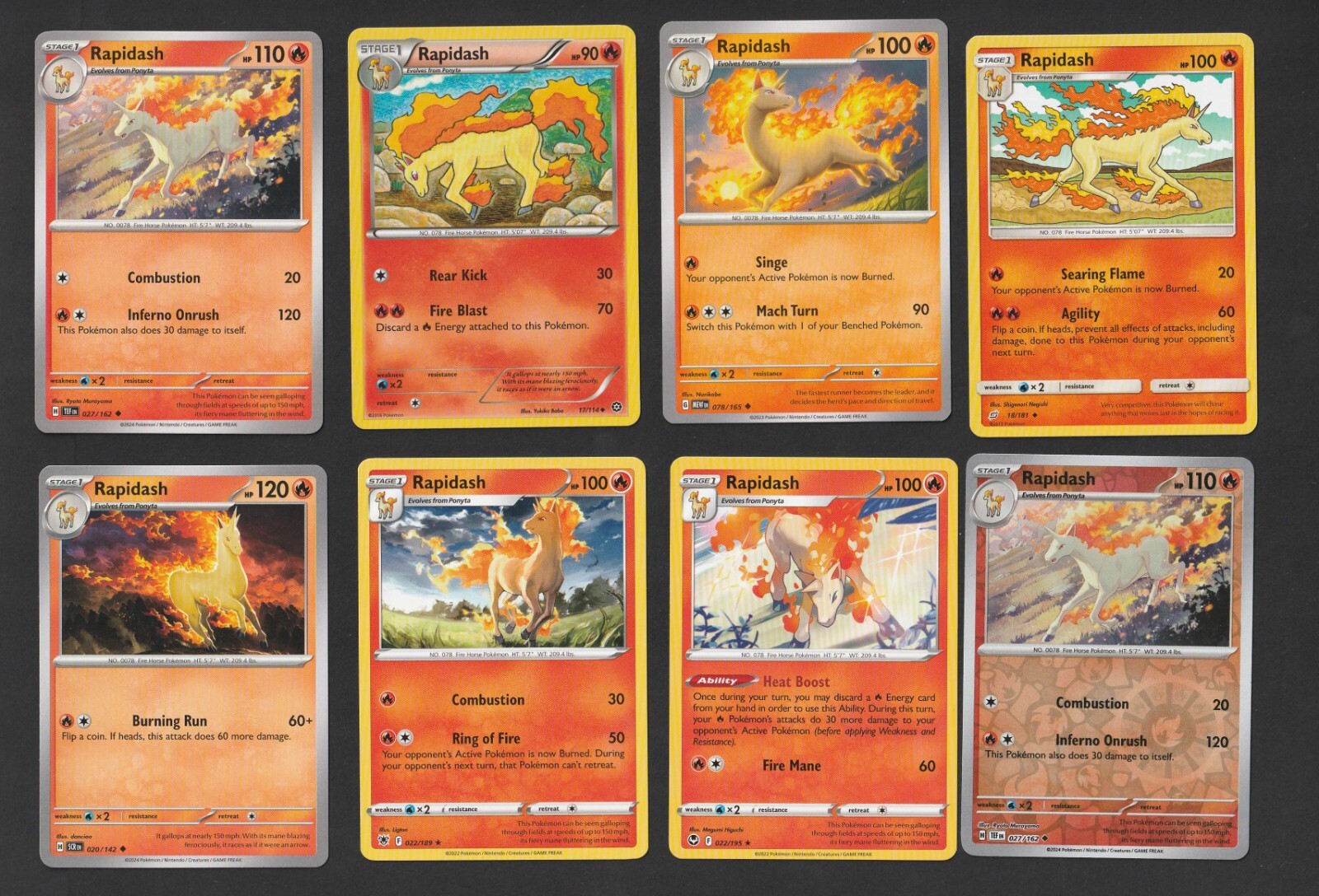 Rapidash Pokemon Card Collection Set of 8 English Cards Unique Fire Type Stage 1
