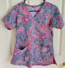 Vera Bradley Women's Mosaic Paisley Nurse Scrub Top Size XS Pink Turquoise White