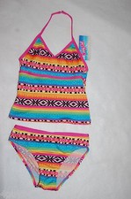 Girls Swimsuit 2 PC TANKINI SET Halter MULTICOLOR STRIPE Geometric XS 4-5 S 6-6X