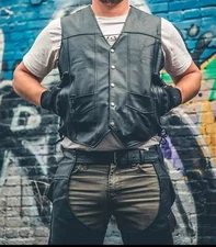 #HWK Motor Sports Men's Black Leather Vest Lace Up Sides Size Large Motorcycle