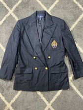 Ralph Lauren Blazer w/ Crest Navy Blue Gold Button Up Vintage Womens Size 12 100