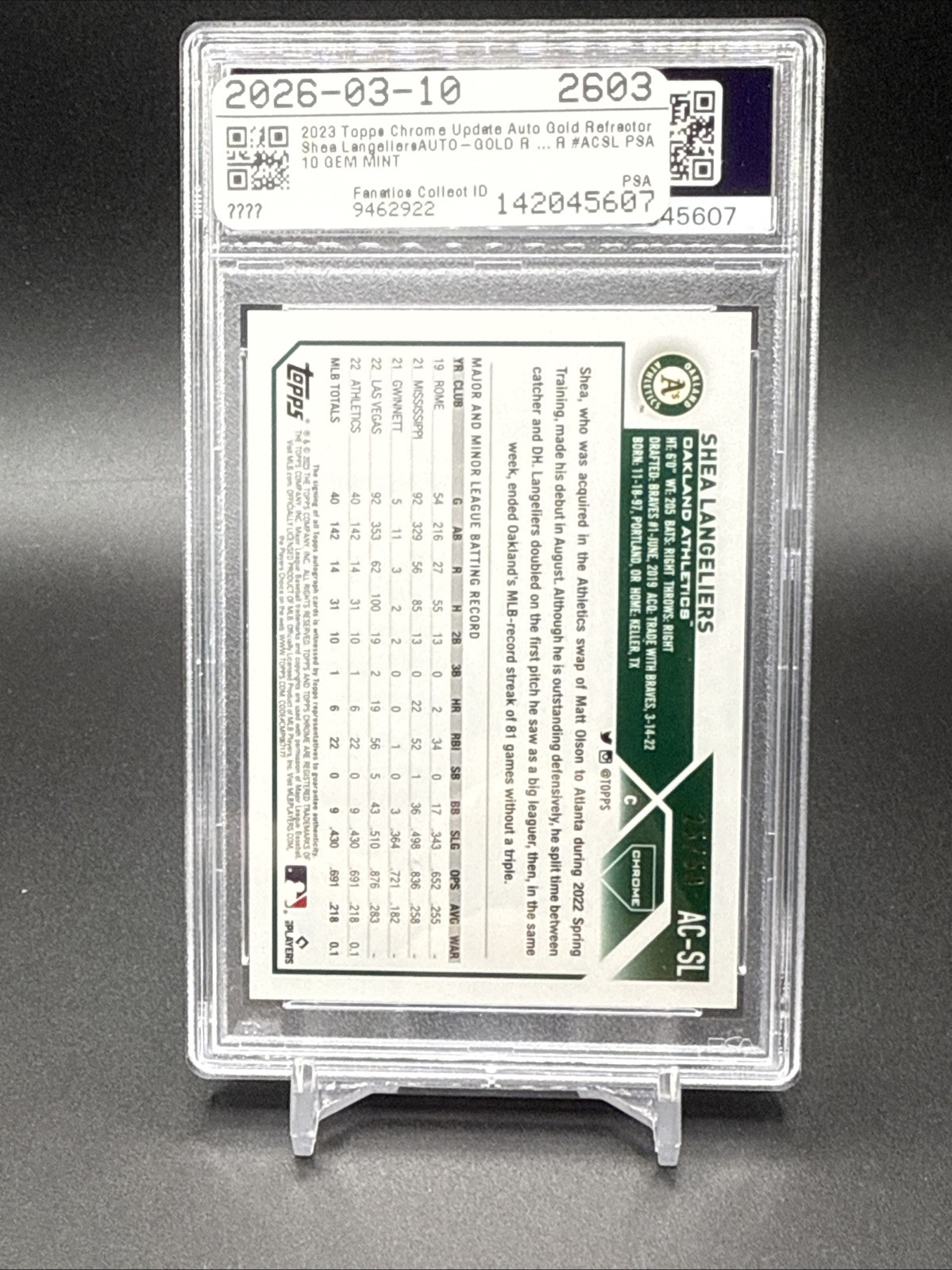 2023 Topps Chrome Update Shea Langeliers Auto RC True Gold Refractor #/50 PSA 10 view 4