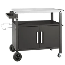 Dining Cart Table with Big Storage Cabinet, Movable Outdoor BBQ Grill Table P...