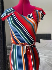  Vibrant Multi-Colour Striped Tie-Waist Bodycon Dress - Size 8