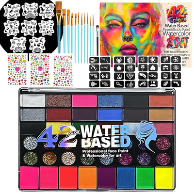 42-Color Non-Toxic Face Paint Kit for Kids with Brushes Stencils & Gems