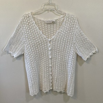 Studio Works Crochet Cardigan Womens Sz M Button Front Short Sleeve Cream