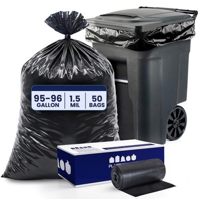 Plasticplace 95-96 Gallon Trash Bags, Black, 1.5 Mil, 50 Count