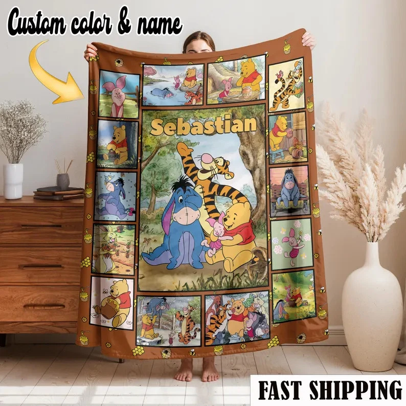 Personalized Winnie The Pooh Baby Blanket, Piglet Tigger Eeyore Fleece Blanket