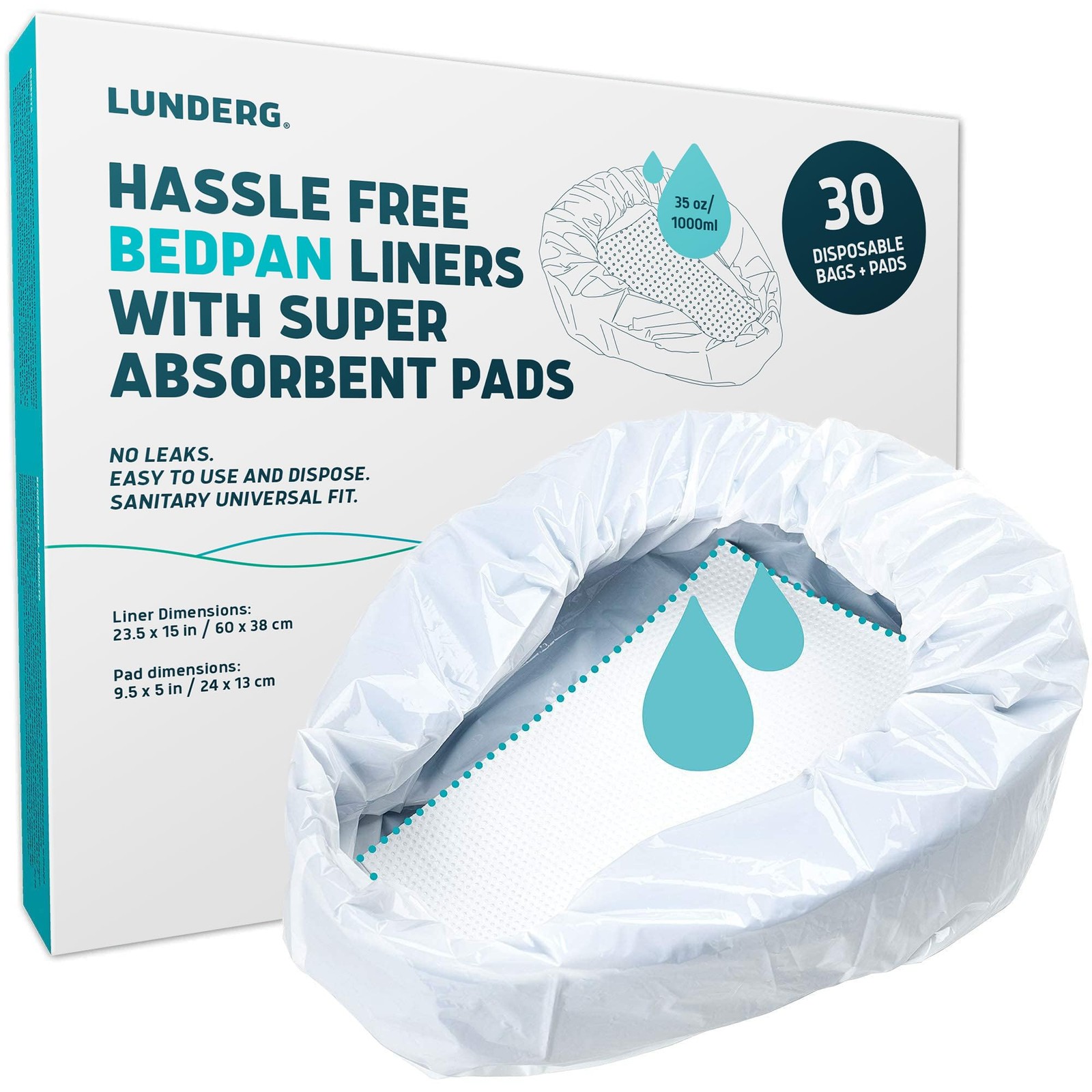 Lunderg Bedpan Liners with Super Absorbent Pads - Value Pack 30 Count - Medical