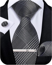 Plaid Ties for Men Silk Checkered Necktie and Pocket Square Cufflinks Tie Clip S