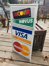 VTG ALUMINUM CREDIT CARD SIGN VISA MASTERCARD DISCOVER NOVUS 2 SIDED FLANGE SIGN