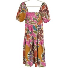 Colorful Tiered Floral Midi Dress Puff Sleeve Farm Rio Style Size M