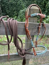 Bitless Hackamore Rawhide Bosal and Mecate Rein Complete Set New Horse Tack