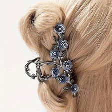 Large Metal Blue Floral Hair Claw Clips with Glitter Design - Spring Hair Access