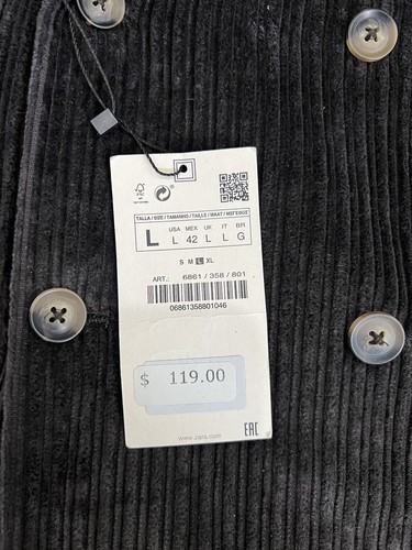 Chaqueta Blazer de Pana Doble Pecho Zara Talla Grande (42R) Nuevo Traje Negro - Imagen 5 de 12