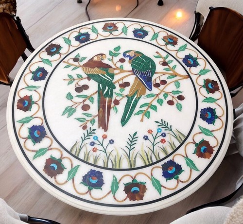 30" Round White Marble Coffee Table Malachite & Carnelian Parrot Arts Home Decor - Picture 2 of 8