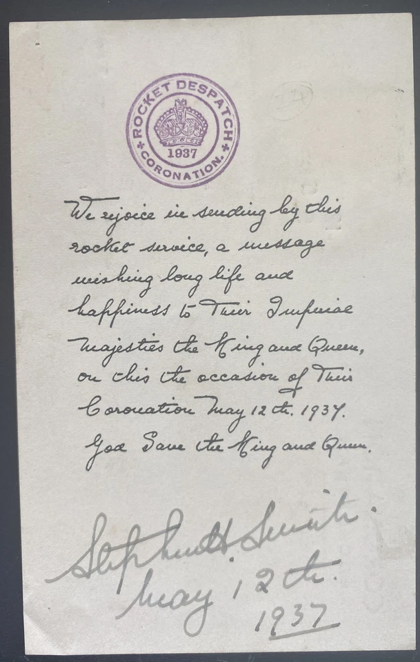 Portada de tarjeta postal del vuelo de coronación de Rocketgram de Calcuta India 1937 con etiqueta Foto 2 de 2