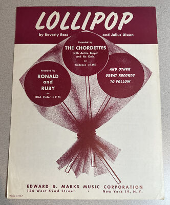 1958 LOLLIPOP SHEET MUSIC Edward B Marks Music Recorded by THE CHORDETTES