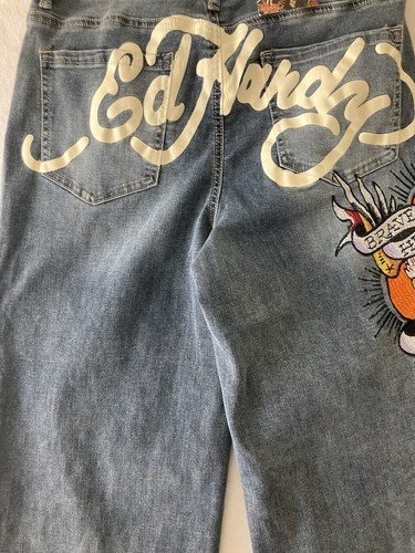 Ed Hardy Jeans Women’s Size 32 Color Blue Medium Vtg Brave Eagle Wide Leg - Picture 8 of 18