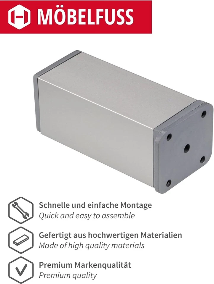 4x Möbelfuß Möbelfüße 60-150 mm silber matt Tischbeine Sockel Füße Schrank eckig - Bild 2 von 4