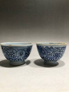 Chinese Export Porcelain Pair of Signed White & Blue Ceramic Cups