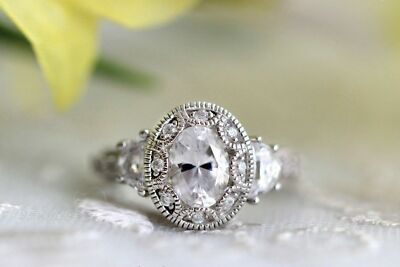 Stylish Art Deco Engagement Ring 1ct Oval Cut Moissanite 14k White Gold Plated